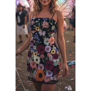 STORIA 3D‎ Collaged Floral Embroidered Blk Mesh Mini Dress S Boho Fairy Festival